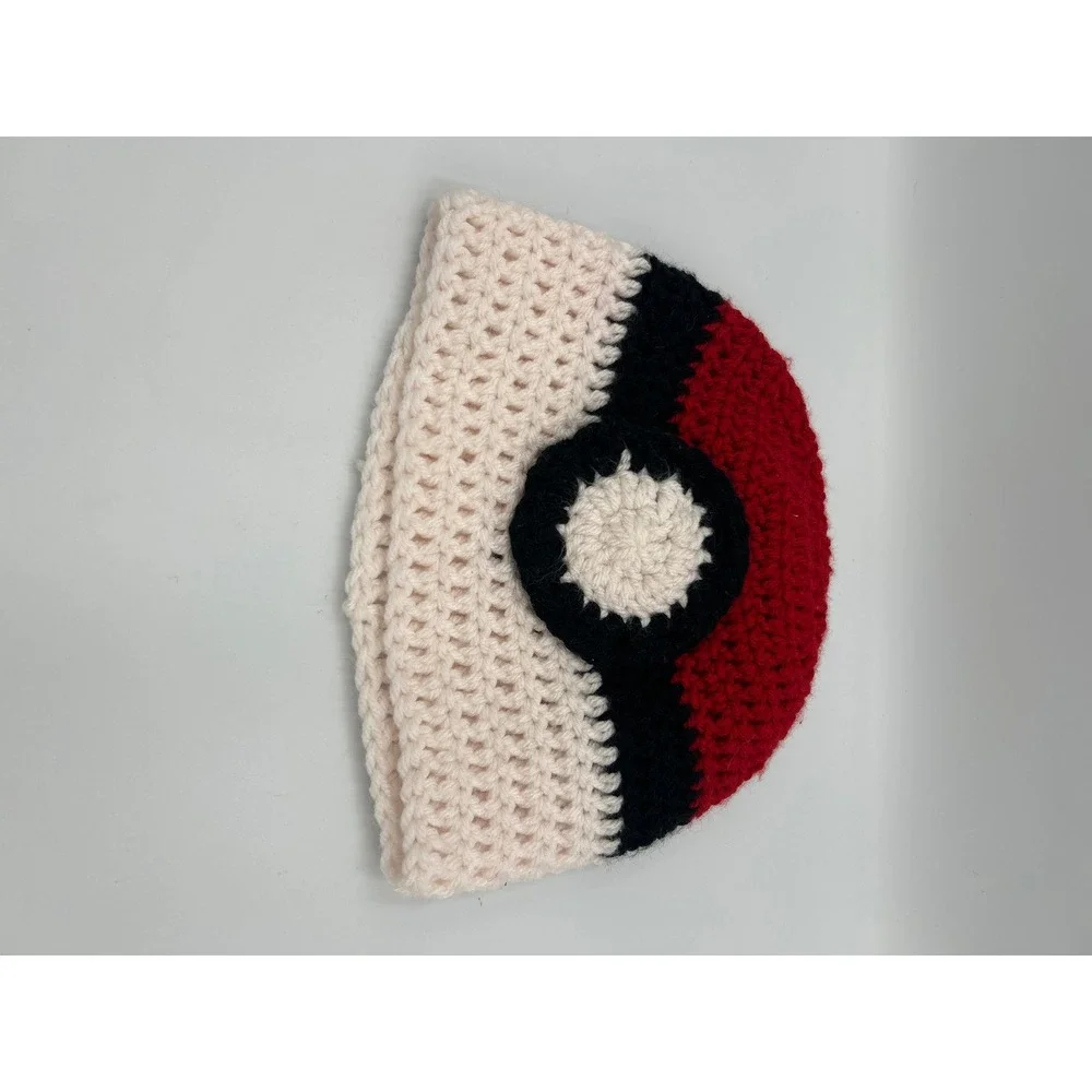 Handmade Crochet Poke Ball Beanie Kids Red‎ White Black Anime Knit Hat